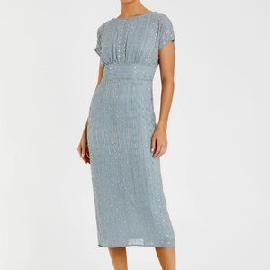 Mac Duggal Beaded Cap Sleeve Column Midi Dress